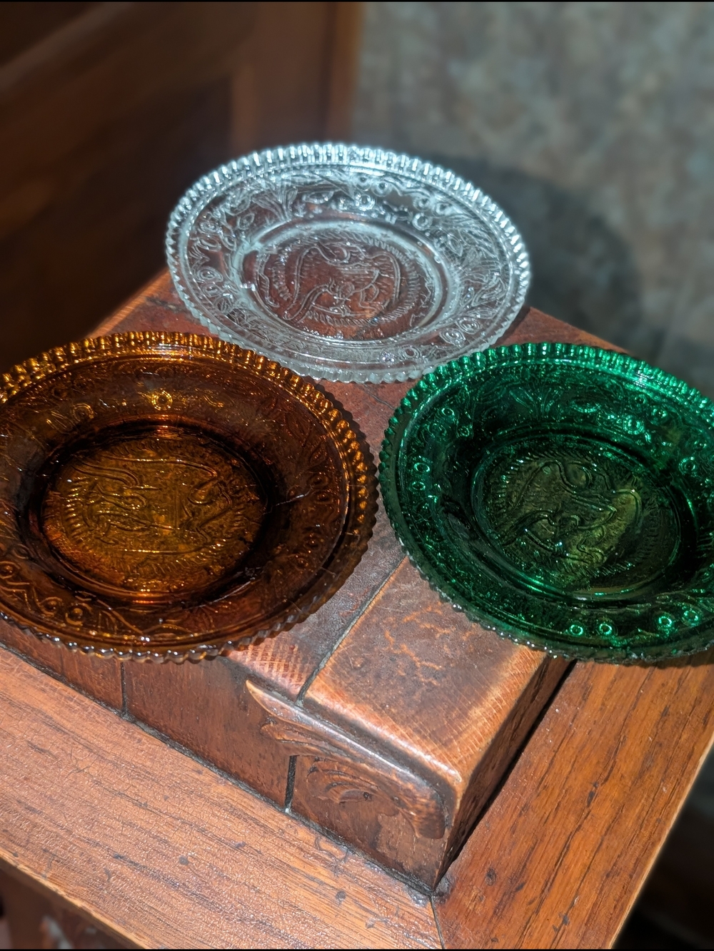 Westmoreland Amber Glass Eagle Trinket Plate Green Clear Trio Vintage